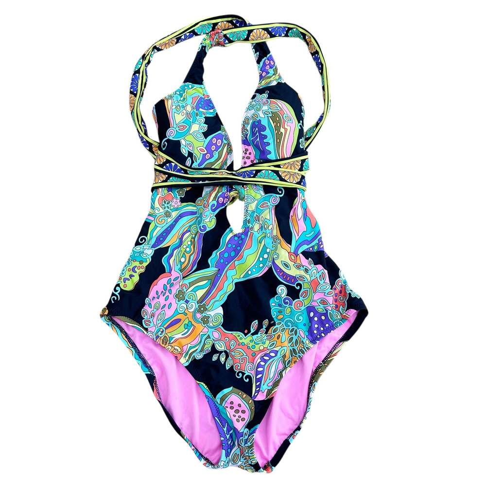 Trina Turk Sea Garden Black Floral Plunge One Piece Swimsuit Sz 4